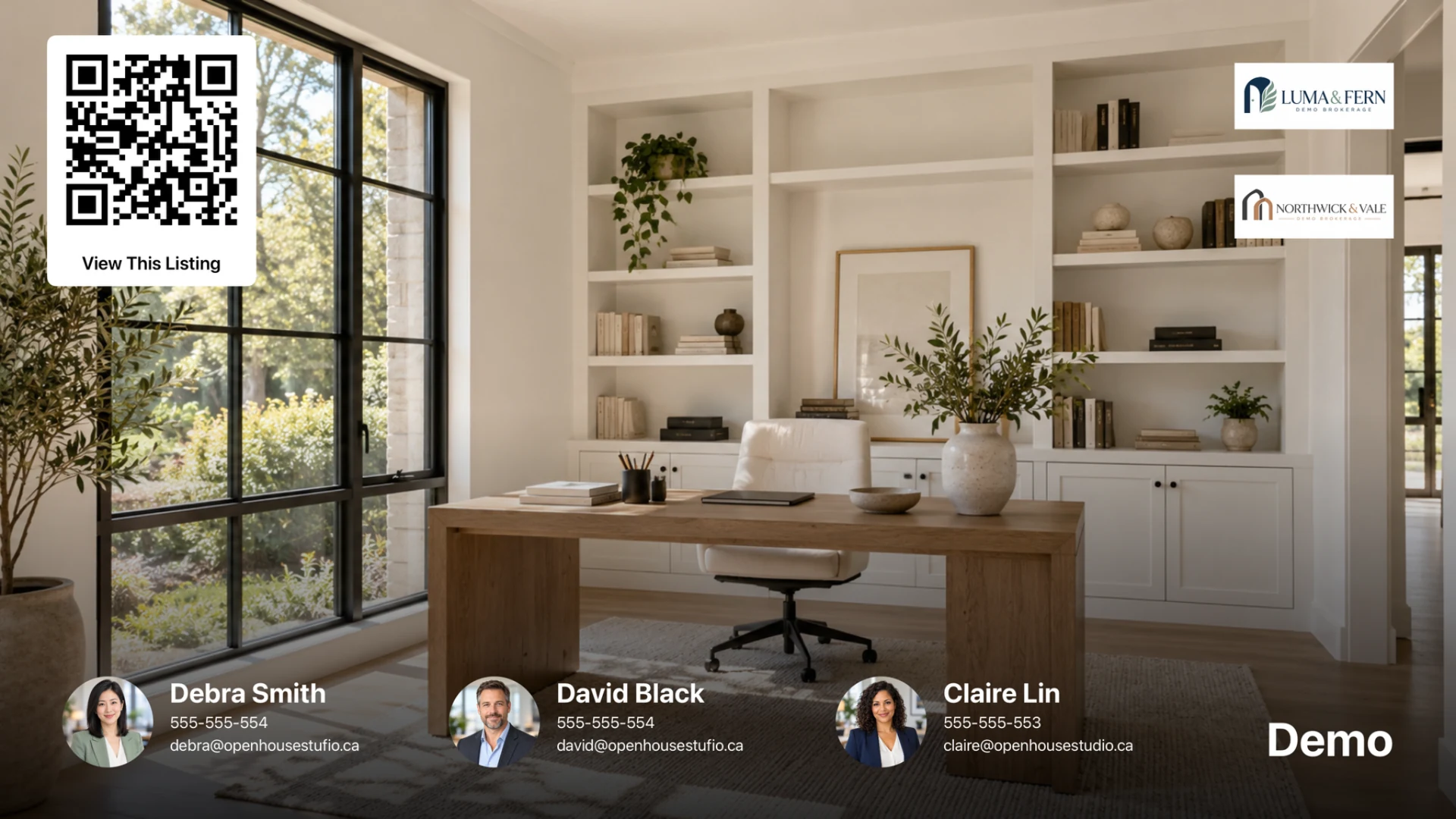 Open House Studio on Apple TV, showing a home office with three realtor profiles, two brokerage logos and a listing QR code