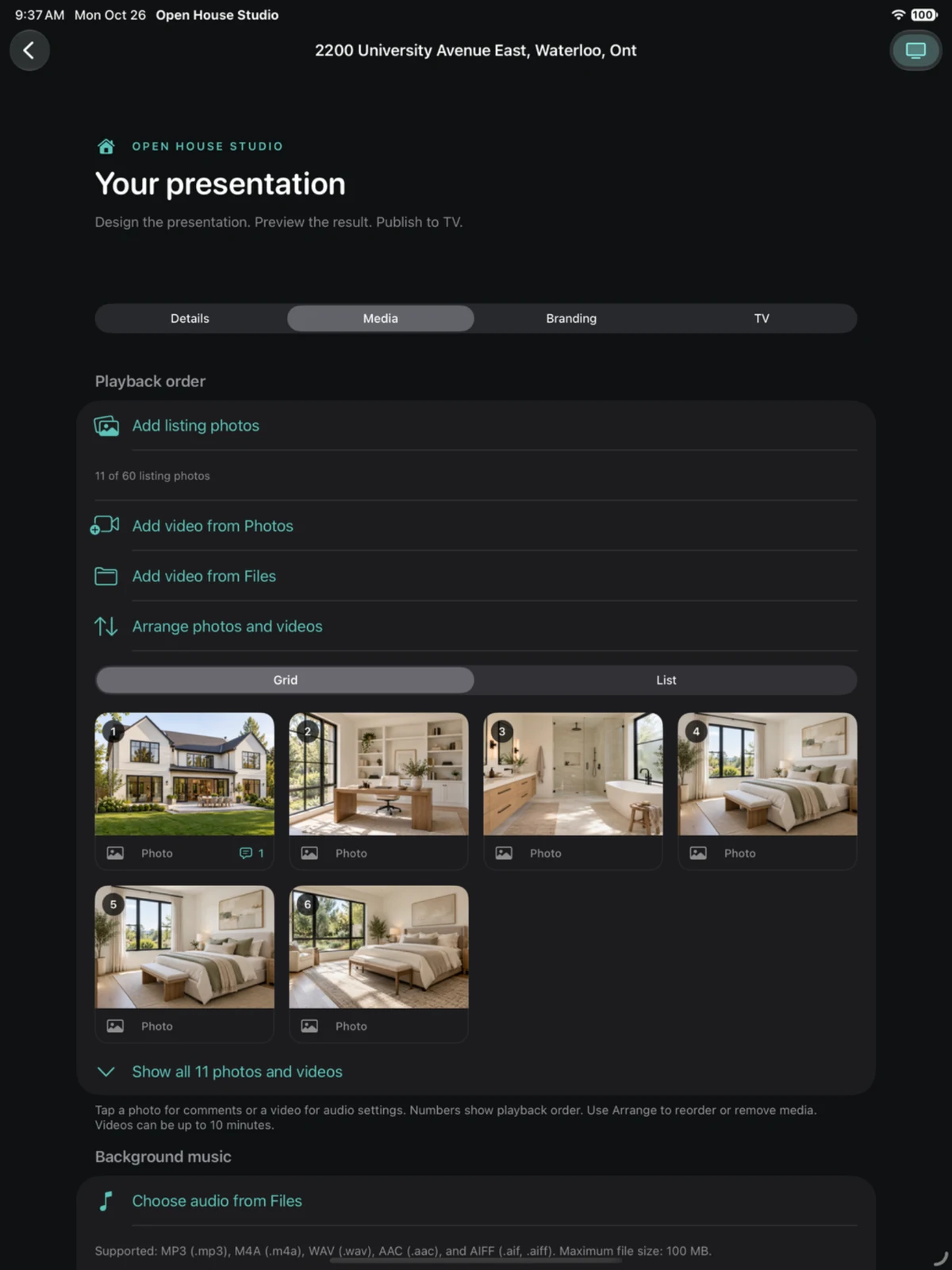 iPad media editor with a grid of property photos and background music controls