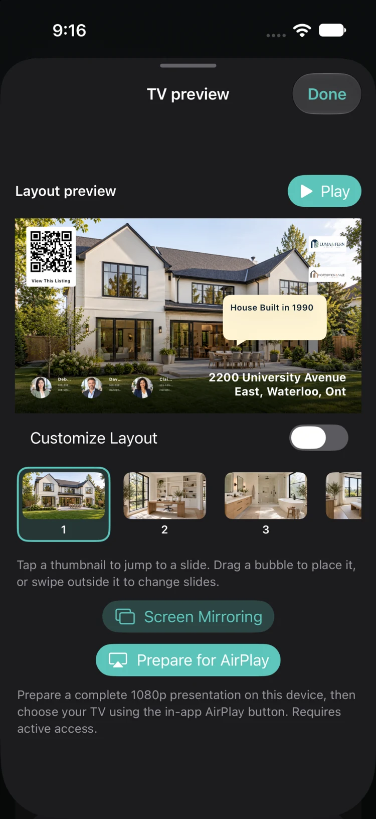 iPhone TV preview showing the demo property, a photo comment and presentation layout controls