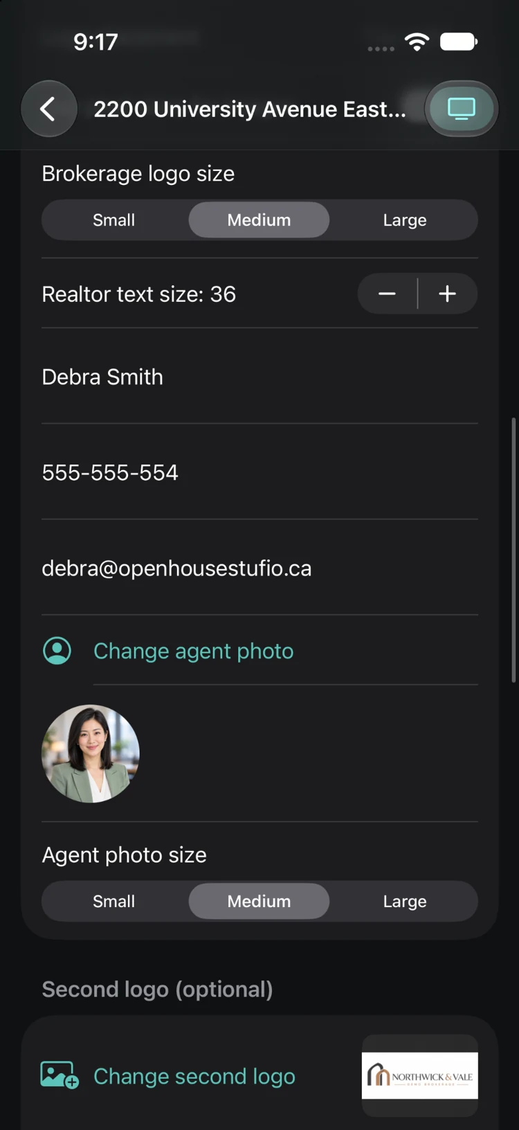 iPhone branding settings showing realtor details, profile photo and logo size controls